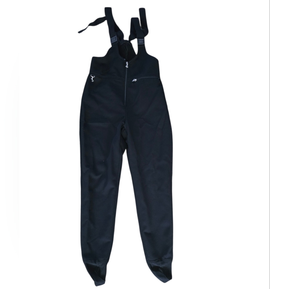 Salo Black Bib Overalls Snow Ski Pants With Stirrup Feet Size 10 Wool Blend